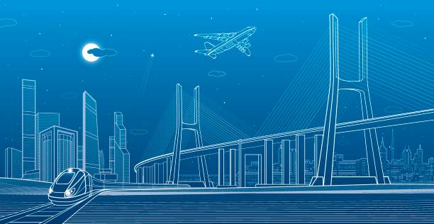 ilustrações de stock, clip art, desenhos animados e ícones de large cable-stayed bridge, train move, night modern city on background, airplane fly, towers and skyscrapers, vector design art - cable stayed bridge illustrations