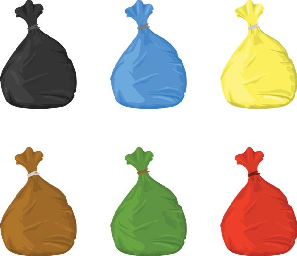 Trash Bin Bags Icon Set. Vector illustration bins symbols and icons. Different Coloured trash bin bag icons - Environmental protection, conservation, and recycling. bin bag stock illustrations