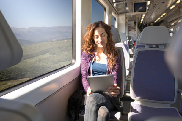istock woman in train watching digital tablet happy face 672973690