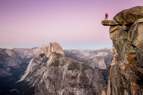 hiker in yosemite national park, california, usa - mineral waterfall water flowing imagens e fotografias de stock