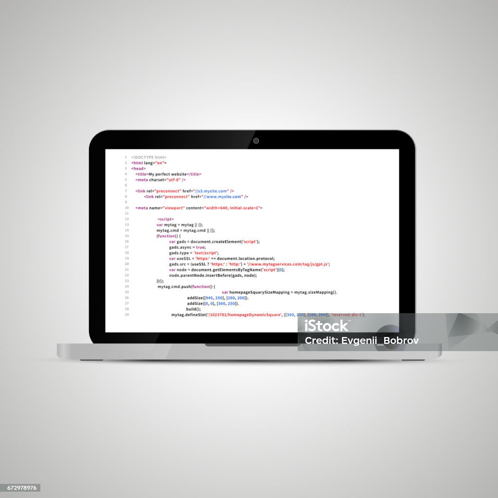 Realistic Glossy Laptop With Simple Website Html Code On White Stock ...