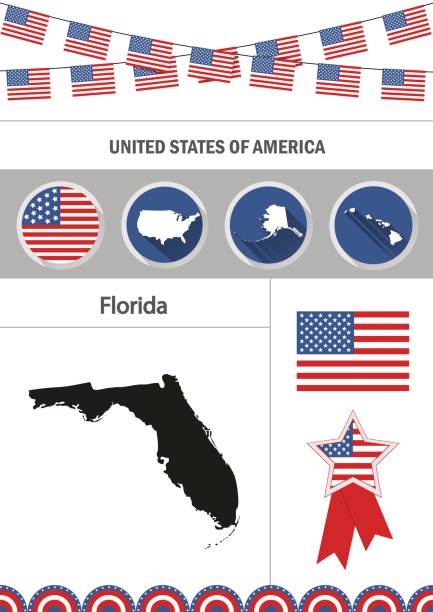 illustrazioni stock, clip art, cartoni animati e icone di tendenza di mappa della florida. set di icone di design piatto nfographics elementi wi - florida state