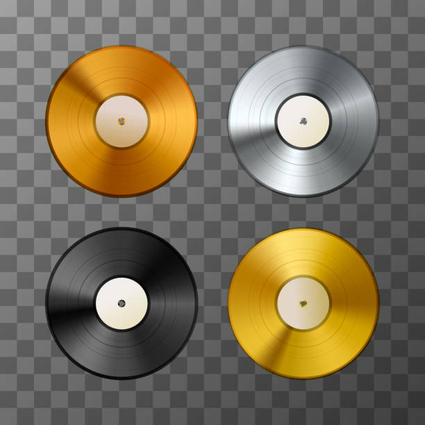 istock Set of golden, platinum and bronze album, vinyl discs 672983520