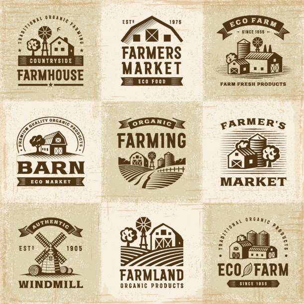 Vintage Organic Farming Labels Set A set of vintage organic farming labels in woodcut style. Editable EPS10 vector illustration with clipping mask. house outside drawings stock illustrations