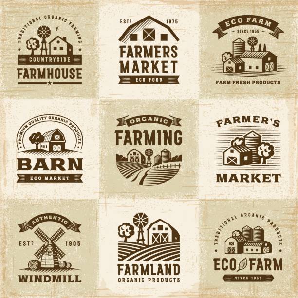 Vintage Organic Farming Labels Set A set of vintage organic farming labels in woodcut style. Editable EPS10 vector illustration with clipping mask. a farm stock illustrations