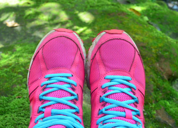 istock Pink sport shoe over green moss in the forest 672989206