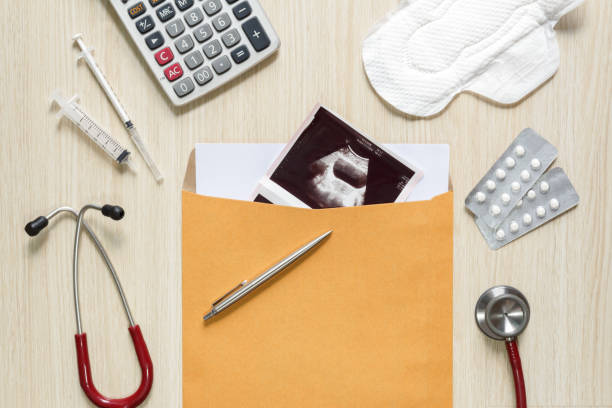 Top view of uterus via ultrasound picture in envelope with sanitary napkin, medicine, stethoscope, hypodermic syringe and calculator - dysmenorrhea concept. stock photo
