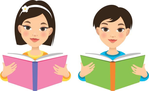 ilustrações de stock, clip art, desenhos animados e ícones de girl and boy reading books - pre adolescent child child white background asian ethnicity