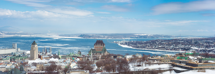 Winter aerial photo of frozen, snowy marina, docks at Allan H Treman State Marine Park, Ithaca, NY, USA. 01-21-2024