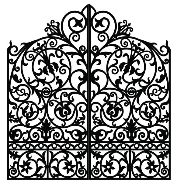 Forged iron gate Black metal gate with forged ornaments on a white background wrought iron stock illustrations