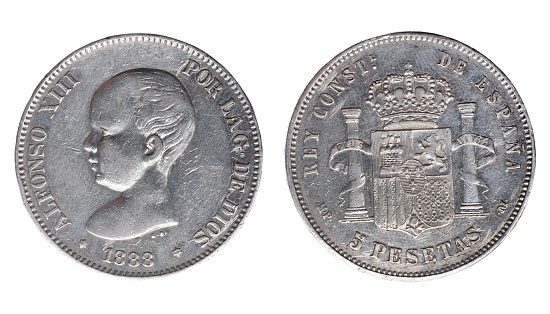 Alfonso XIII, five pesetas, un duro, 1888,Spain