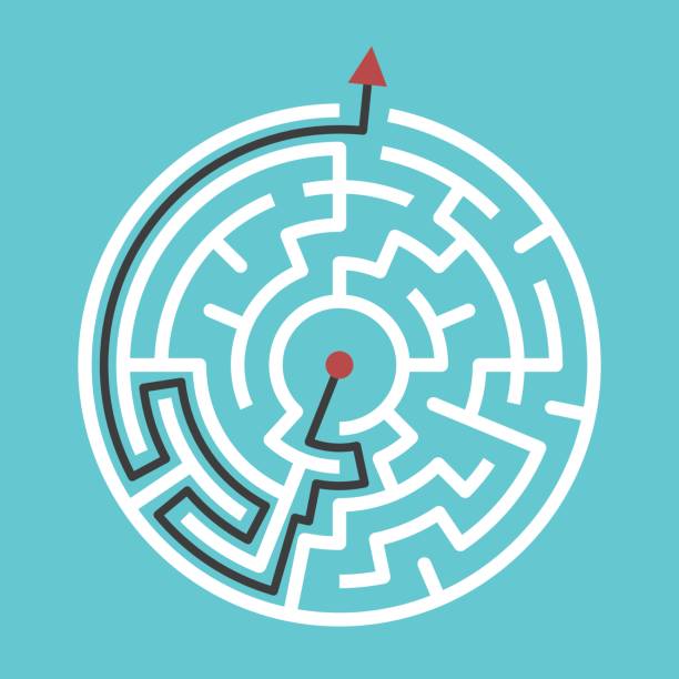 Circular maze with solution Circular maze with way from center to exit on turquoise blue background. Problem, confusion and solution concept. Flat design. EPS 8 compatible vector illustration, no transparency, no gradients circular maze stock illustrations