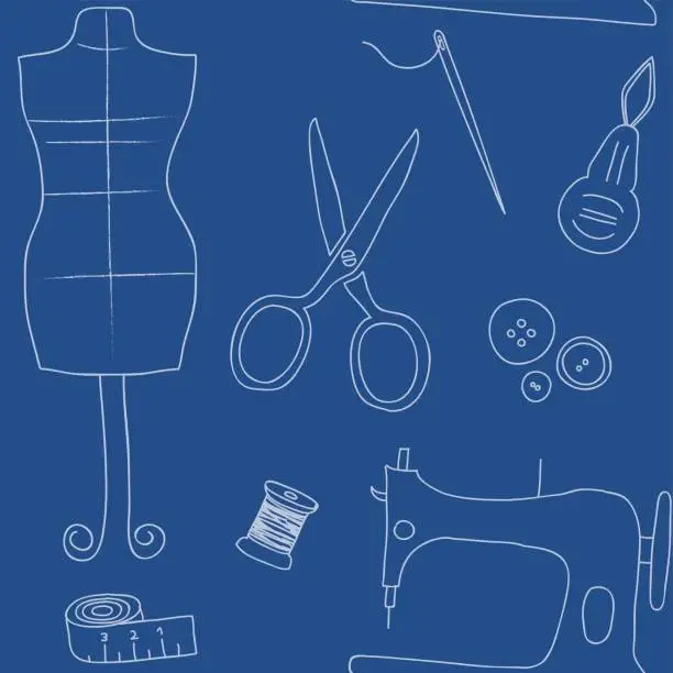 Vector illustration of Sewing utilities blue doodle wallpaper seamless pattern retro design