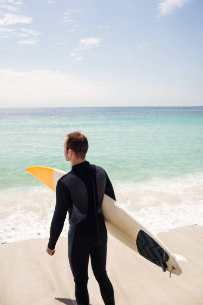 istock Rear view of surfer with surfboard standing on the beach 673011066