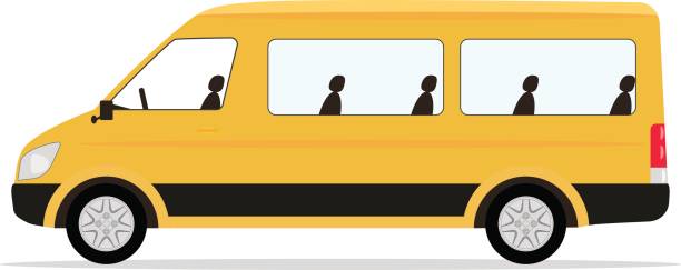 Vector cartoon yellow minibus passengers Vector illustration cartoon yellow minibus passengers. Isolated white background. Side view, flat style. Minivan for leisure travel. taxi logo background stock illustrations