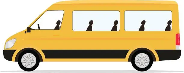 Vector illustration of Vector cartoon yellow minibus passengers