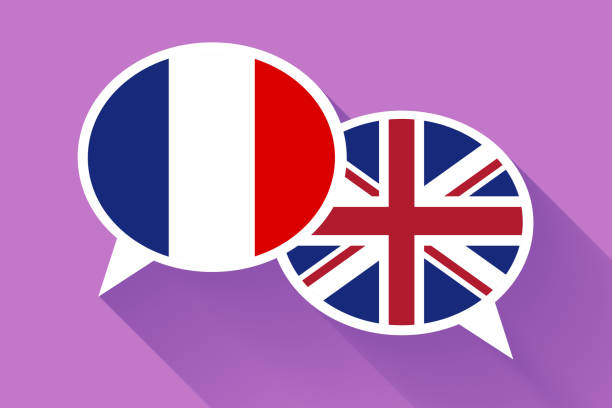 zwei weiße sprechblasen mit frankreich und großbritannien fahnen. konzeptionelle darstellung der englischen sprache - england stock-grafiken, -clipart, -cartoons und -symbole