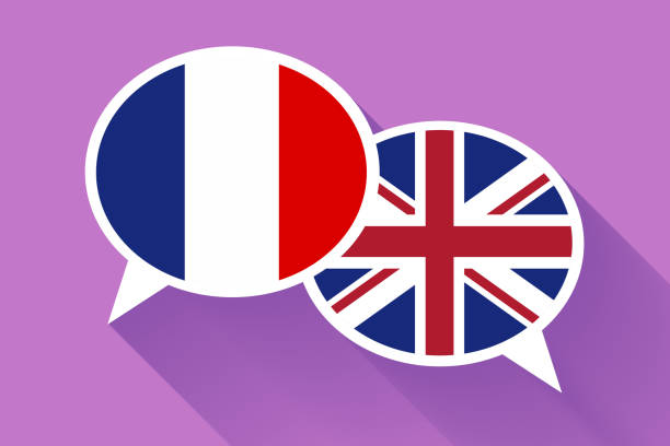 ilustraciones, imágenes clip art, dibujos animados e iconos de stock de dos burbujas de discurso blanco con banderas de francia y gran bretaña. ilustración conceptual de lengua inglesa - usa england