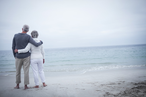Rear view of senior couple embracing on beach on a sunny day