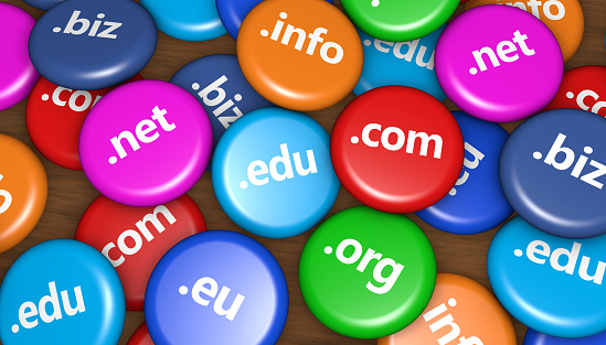 Internet domain name website hosting concept with domains sign on colorful badges 3D illustration.