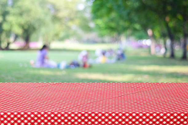 istock Empty table and red tablecloth over blur park with people background, for product display montage 673024498