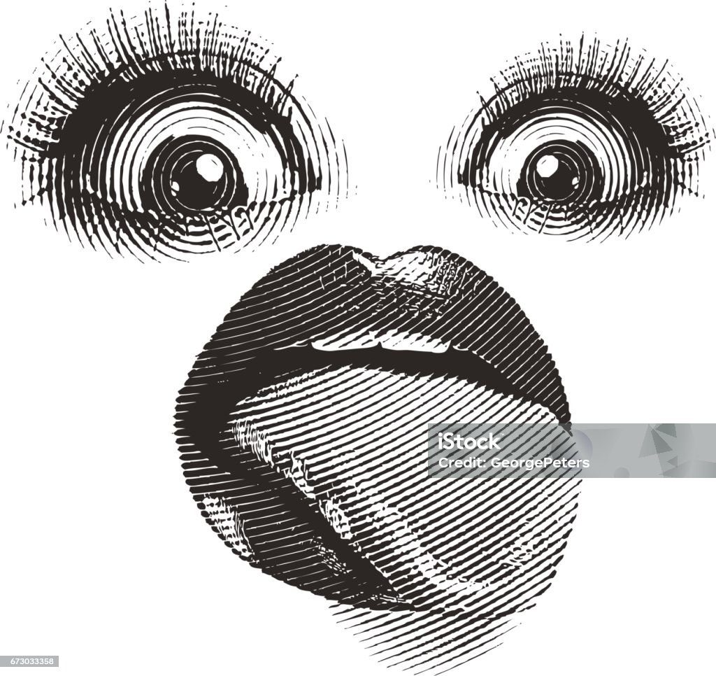 Bizarre mouth with tongue sticking out. Isolated on white. Funny engraving of Woman's mouth with tongue sticking out. Isolated on white. Bizarre stock vector