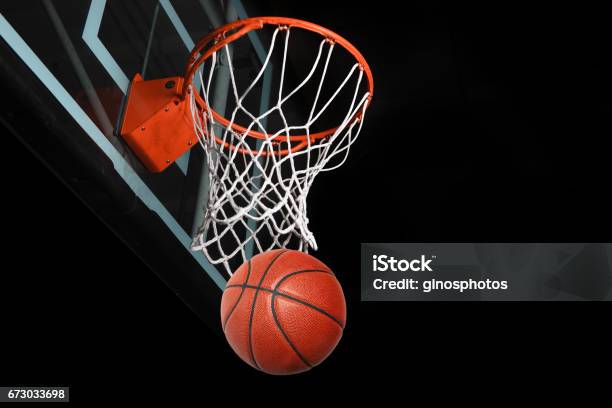 Basketaball Going Thorugh Hoop Stock Photo - Download Image Now - Basketball - Sport, At The Edge Of, Sports Court