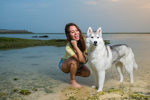 An Asian mix race woman and her Husky enjoying the beach at sunset