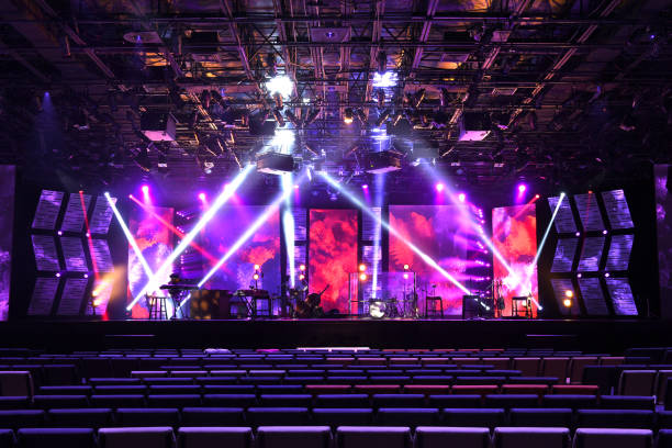 stage with lighting and musical instruments - piano interior imagens e fotografias de stock