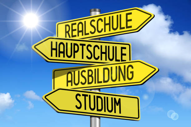 istock Education concept - yellow road-sign 673045344