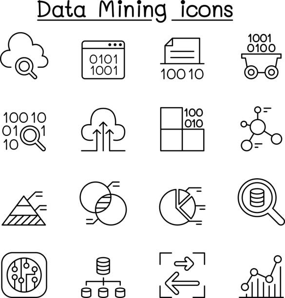 데이터 마이닝 기술, 데이터 전송, 데이터 웨어하우스, 큰 데이터 아이콘 선 스타일 설정 - computer language coding computer software sql stock illustrations