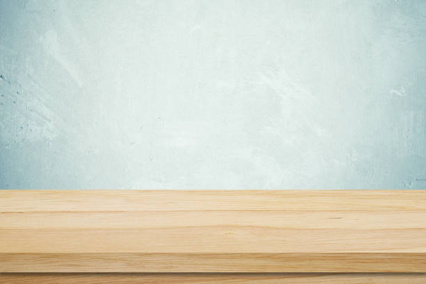 istock Empty wooden table over grunge cement wall, vintage, background, template, product display montage 673046414