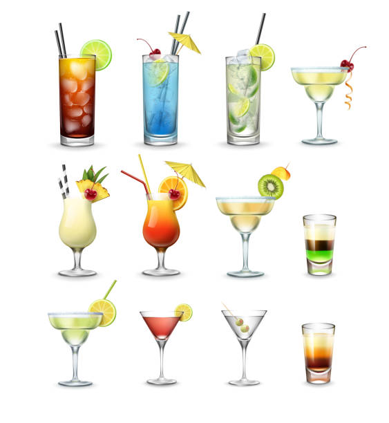 Set of cocktails Vector set of popular cocktails and shots Cuba Libre, Blue Lagoon, Mojito, Margarita, Pina Colada, Tequila Sunrise, Cosmopolitan, Martini isolated on white background tropical drink stock illustrations