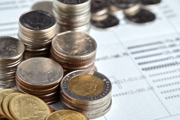 istock Coins stacking on passbook. Saving, income and payment concept. 673055618