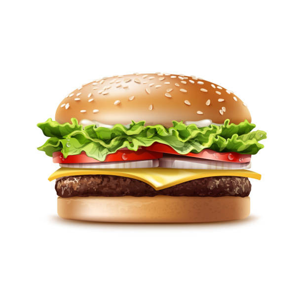 Vector Realistic Hamburger Fast Food Vector Realistic Hamburger Classic Burger American Cheeseburger with Lettuce Tomato Onion Cheese Beef and Sauce Close up isolated on white Background. Fast Food cheeseburger stock illustrations