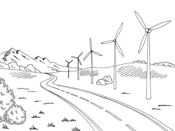 Vector illustration of Windmills road graphic black white landscape sketch illustration vector