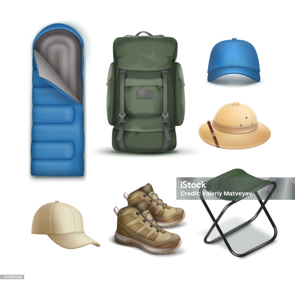 Vector Camping stuff Vector camping stuff big green backpack, safari hat, blue and beige cap, sneakers, sleeping bag and folding chair isolated on white background Backpack stock vector
