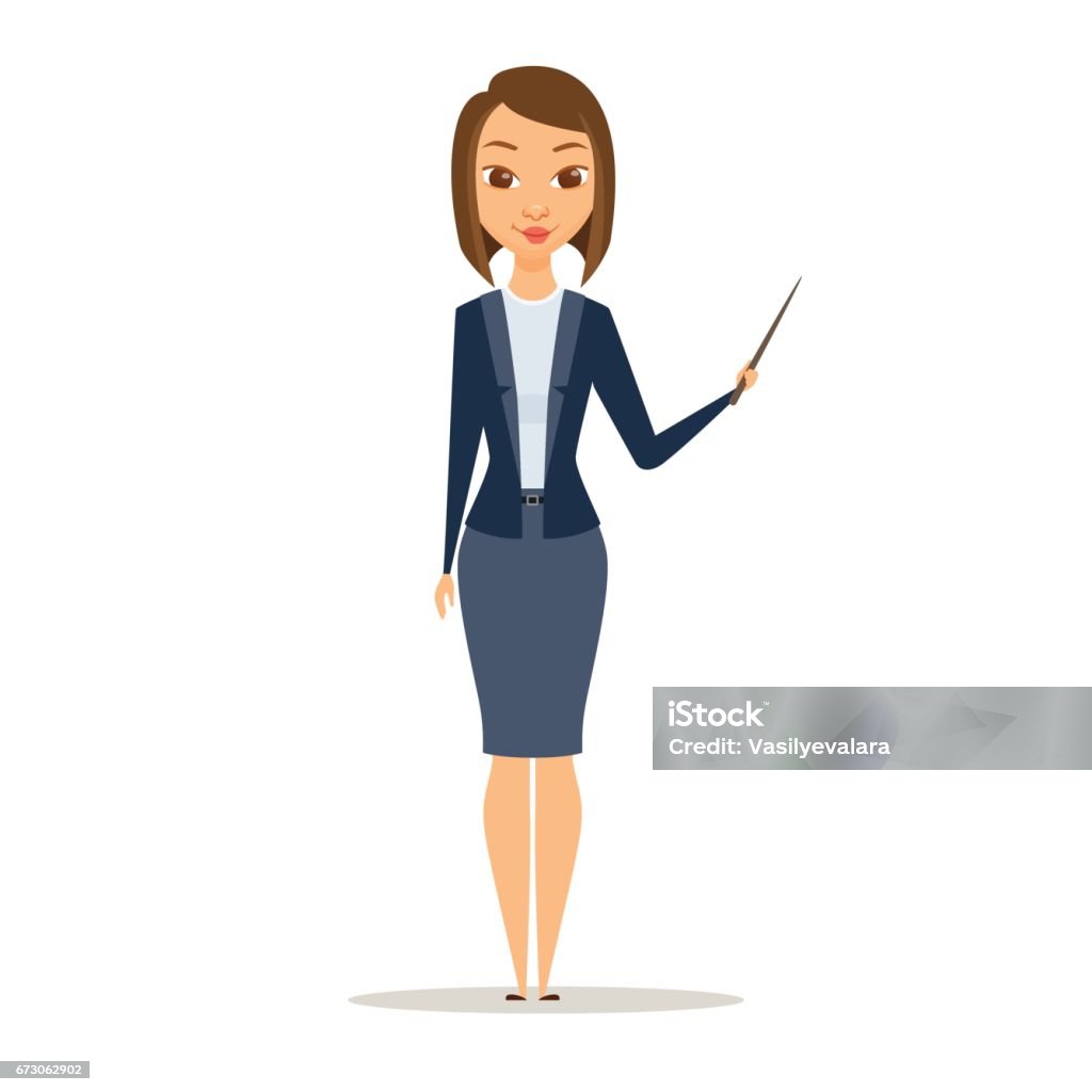 Business women or teacher Business women or teacher holding a pointer in his hand and showing. A girl is standing and smile. Cartoon manager at the presentation, seminar, lecture. Education concept Administrator stock vector
