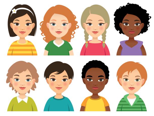 ilustrações de stock, clip art, desenhos animados e ícones de faces of different nation children - pre adolescent child child white background asian ethnicity