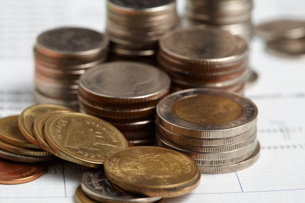 istock Coins stacking on passbook. Saving, income and payment concept. 673077486
