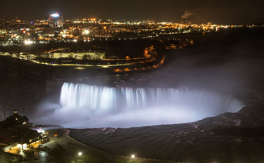 The famous Horseshoe Falls at Niagara, between Canada and the USA, illuminated with floodlights at night.