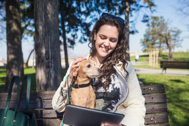 istock Young women in public park with mixed-breed dog 673083358