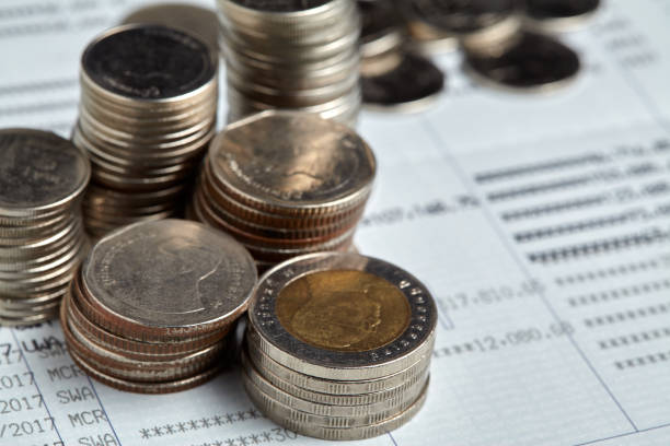 istock Coins stacking on passbook. Saving, income and payment concept. 673085190