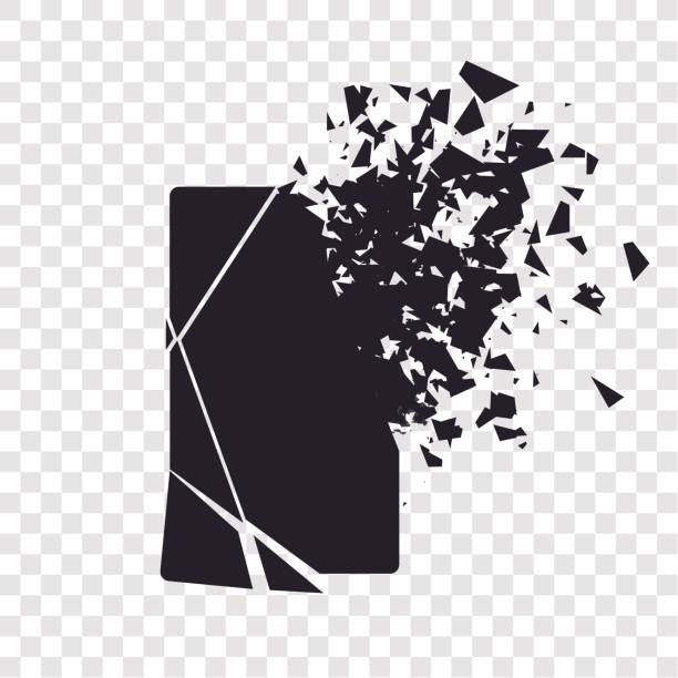 ilustrações, clipart, desenhos animados e ícones de tela rachada telefone quebra em pedaços. smartphone quebrado dividido pela explosão. visor do telefone quebrado. gadget moderno precisa ser reparado. - broken computer monitor computer shattered glass