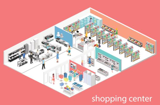 ilustrações, clipart, desenhos animados e ícones de isométrica interior fazer compras, shopping, compras, computador, doméstico, loja de equipamentos. - office isometric built structure inside of