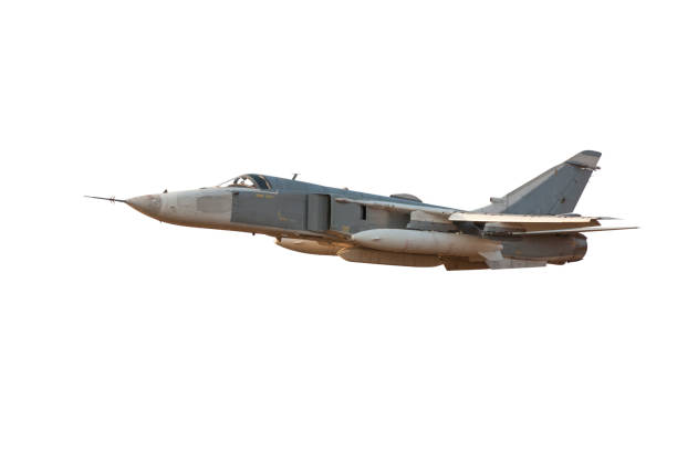 istock Military jet bomber Su-24 Fencer flying a white background 673105112