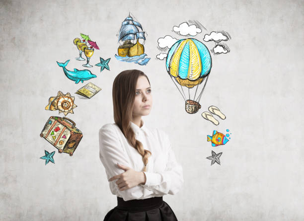 istock Girl with a braid and travelling icons 673108474