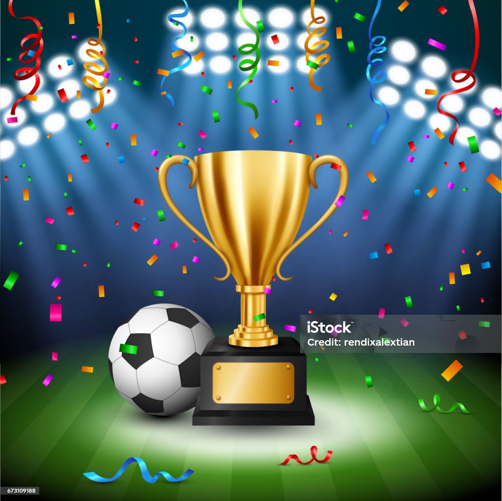 Soccer Championship with Golden Trophy with falling confetti and illuminated spotlight, Vector Illustration Soccer stock vector