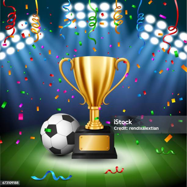 Soccer Championship With Golden Trophy With Falling Confetti And Illuminated Spotlight Vector Illustration Stock Illustration - Download Image Now