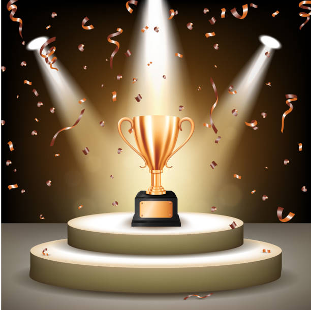 ilustrações de stock, clip art, desenhos animados e ícones de realistic bronze trophy on stage with confetti falling and illuminated spotlights, vector illustration - congratulating achievement third place award